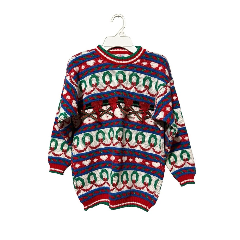 Heartworks Vintage Christmas Snowman Sweater M 10-12 Ribbon USA